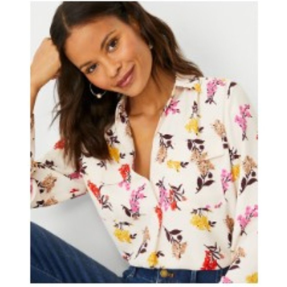 NWT Ann Taylor Petite Floral Camp Shirt XXSP - Ivory